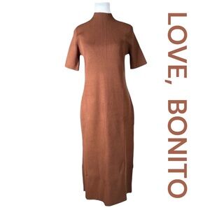 LOVE, BONITO Ribbed Midi Dress, Mock Neck, Elbow Length Sleeves, Size XL/10.